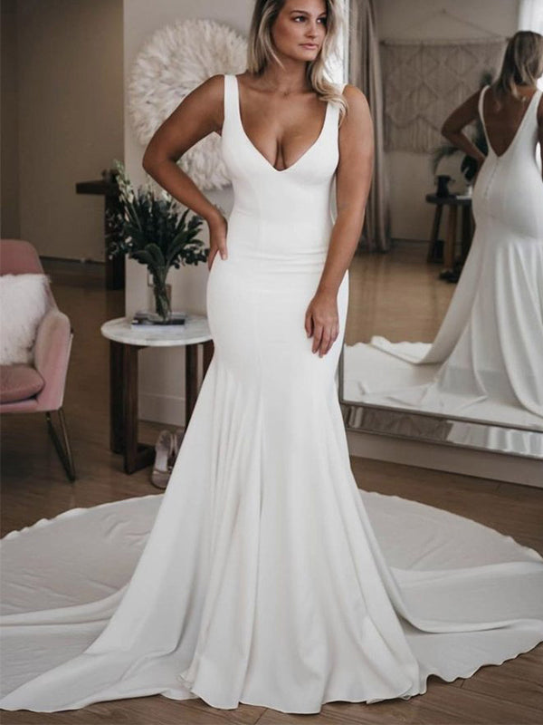 Chic Mermaid Beach Satin Long Cheap Long Wedding Dresses, Bridal Gown – bridalsew Chic Mermaid Beach Satin Long Cheap Long Wedding Dresses, Bridal Gown – bridalsew