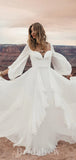 Chiffon Simple A-line Long Sleeves Vintage Long Romantic Wedding Dresses WD417