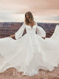 Chiffon Simple A-line Long Sleeves Vintage Long Romantic Wedding Dresses WD417