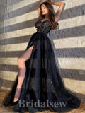 Off the Shoulder A-line Black Glitter Sparkly Modest Princess Long Women Evening Prom Dresses PD738