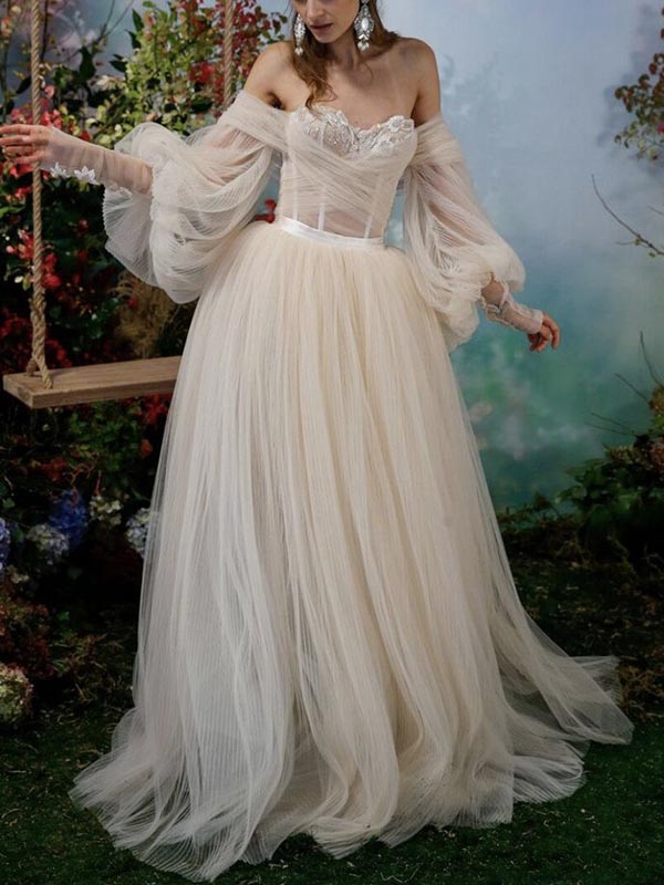 Custom A line Long Sleeves Tulle Fairy Vintage Beach Long Wedding Dresses WD200