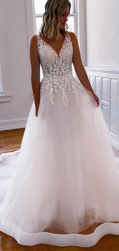 Custom A-line V-Neck Lace Plus Size Beach Long Wedding Dresses, Bridal Gown WD138