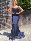 Custom Navy Blue Spaghetti Straps Mermaid Elegant Modest Women Long Evening Prom Dresses PD609