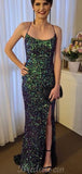Dark Green Sparkly Sequin Mermaid Spaghetti Straps Black Girls Slay Evening Long Prom Dresses PD495