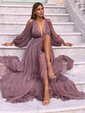 Dusty Purple Chiffon Aline Long Sleeves Plus Size Fashion Evening Prom Dresses PD190