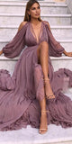 Dusty Purple Chiffon Aline Long Sleeves Plus Size Fashion Evening Prom Dresses PD190