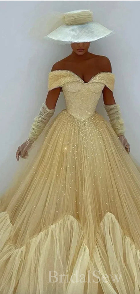 Dusty Yellow Tulle Princess Sparkly Women Long Evening Party Prom Dresses PD569