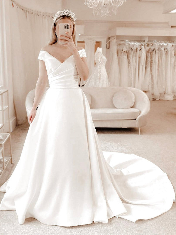 Elegant A-line Satin V-Neck Vintage Dream Beach Long Wedding Dresses WD217
