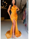 Elegant One Shoulder Satin Modest New Long Slit Stylish Evening Prom Dresses PD1190