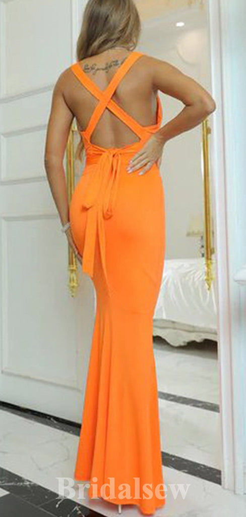 Elegant Orange Unique Mermaid Formal Modest Long Evening Prom Dresses PD1035