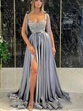 Fashion Silver Sparkly Satin Slit New Best Unique Elegant Party Long Women Evening Prom Dresses PD887