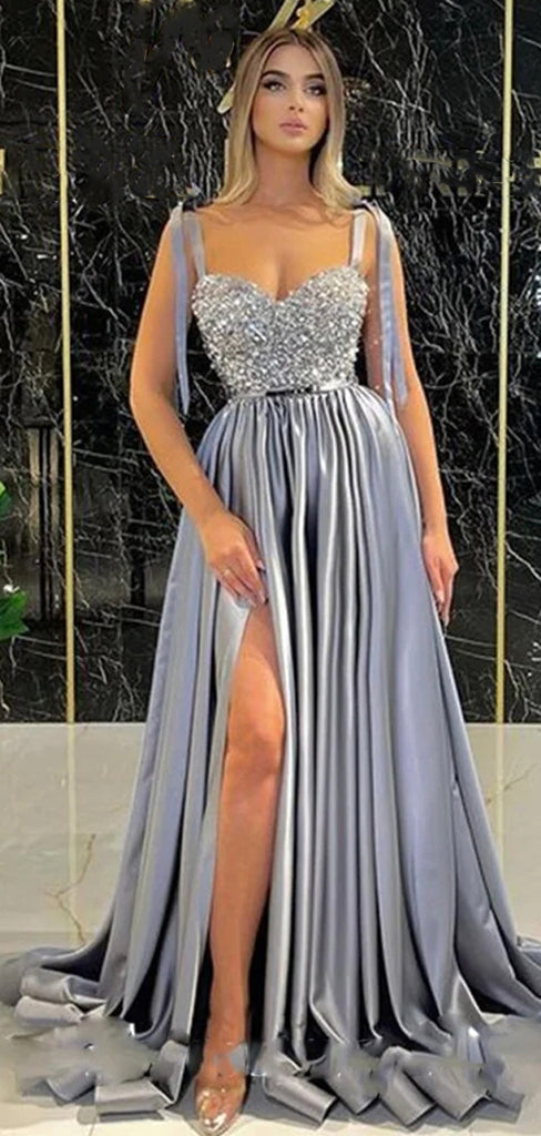Fashion Silver Sparkly Satin Slit New Best Unique Elegant Party Long Women Evening Prom Dresses PD887