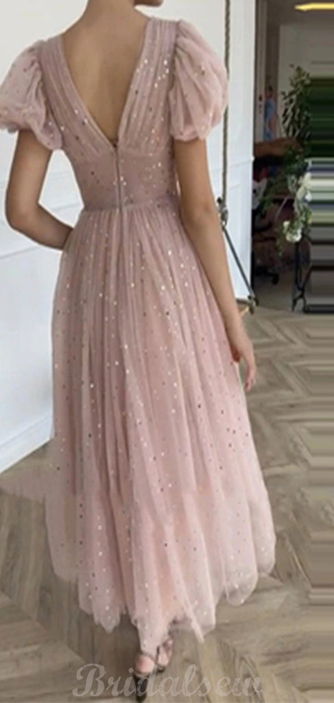 Glitter Blush Short V-Neck PuffSleeves Pleated Tulle Tea Length Prom Dresses PD088
