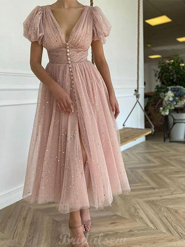 Glitter Blush Short V-Neck PuffSleeves Pleated Tulle Tea Length Prom Dresses PD088