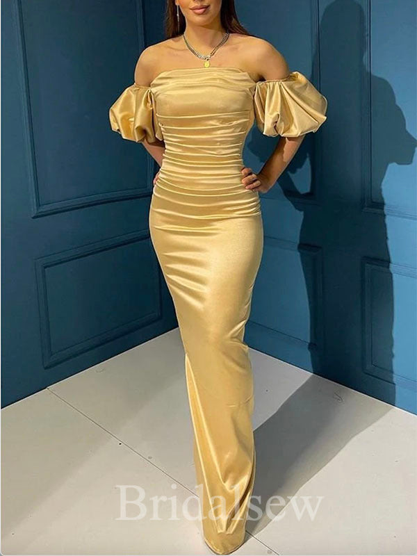 Gold Satin Mermaid Slit Elegant Modest Women Long Evening Prom Dresses bridalsew