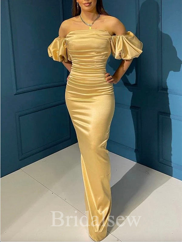 Gold Satin Mermaid Slit Elegant Modest Women Long Evening Prom Dresses PD603