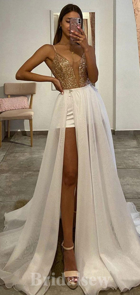 Gold Sequin Sparkly Spaghetti Straps Modest Popular Long Women Evening Prom Dresses PD815
