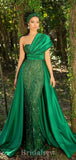 Green Elegant Mermaid New Unique One Shoulder Long Stylish Evening Prom Dresses, PD1236