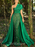 Green Elegant Mermaid New Unique One Shoulder Long Stylish Evening Prom Dresses, PD1236
