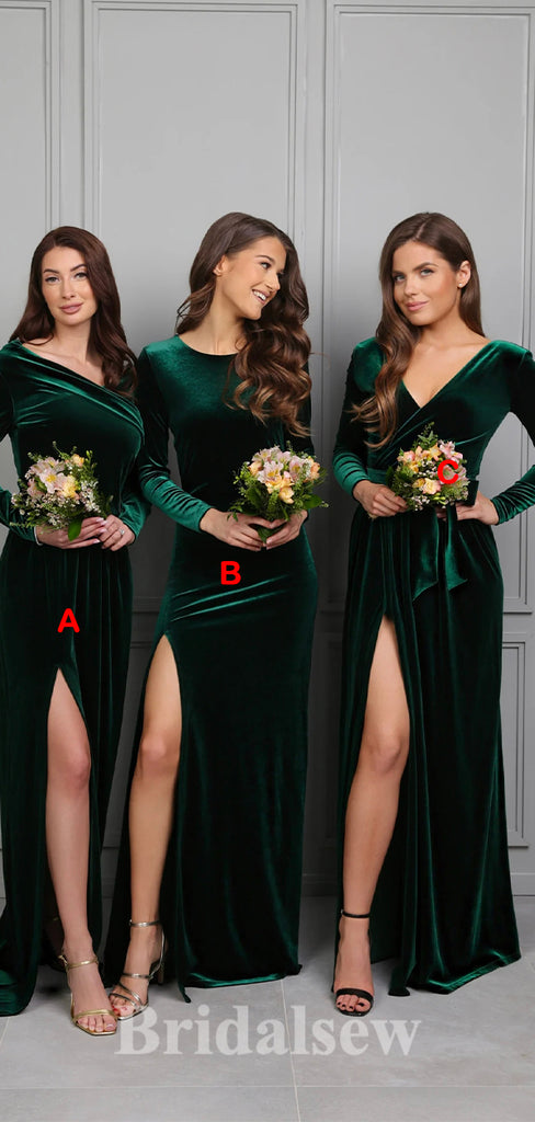 Green Long Sleeves Mismatched Mermaid Long Slit Formal Bridesmaid Dresses BD187