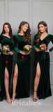 Green Long Sleeves Mismatched Mermaid Long Slit Formal Bridesmaid Dresses BD187