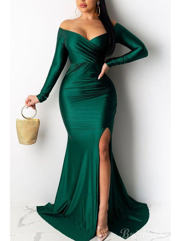 Green Long Sleeves Off the Shoulder Mermaid Unique Elegant Formal Black Girls Slay Satin Evening Long Prom Dresses PD534