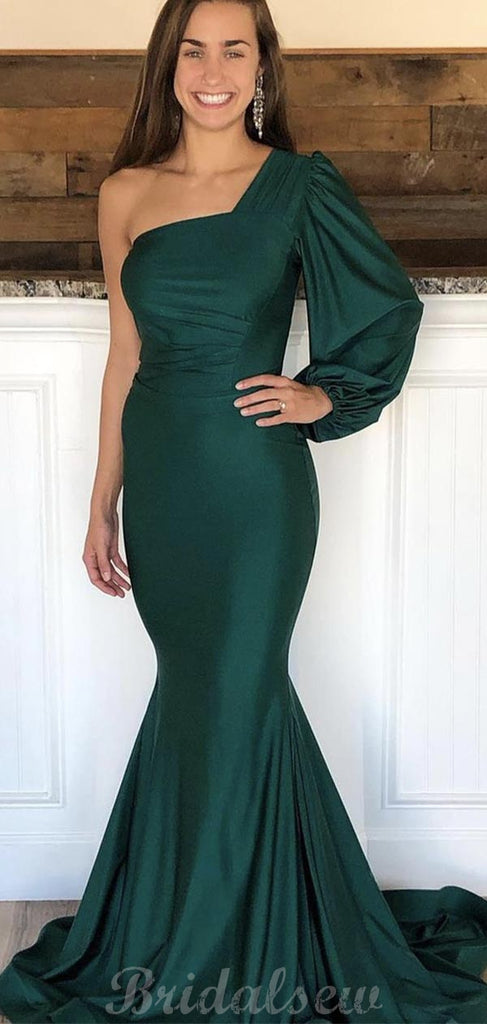 Green Mermaid One Shoulder Modest Party Long Prom Dresses, Evening Dress PD446