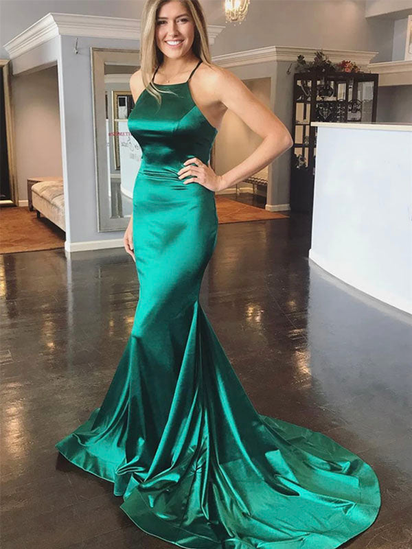Green Mermaid Sexy Sleeveless Simple Formal Long Prom Dresses PD167