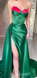 Green New Mermaid Strapless Satin High Slit Long Stylish Evening Prom Dresses, PD1228
