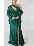 Green One Shoulder Mermaid Unique Elegant Formal Black Girls Slay Satin Evening Long Prom Dresses, Bridesmaid Dresses PD532