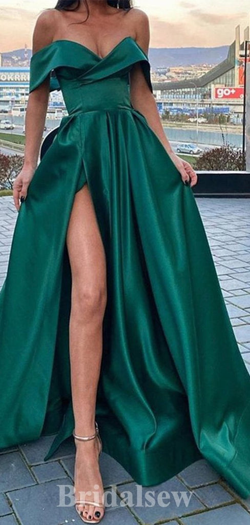 A-line Green Satin Off Shoulder Modest Elegant Long Evening Prom Dresses PD1205