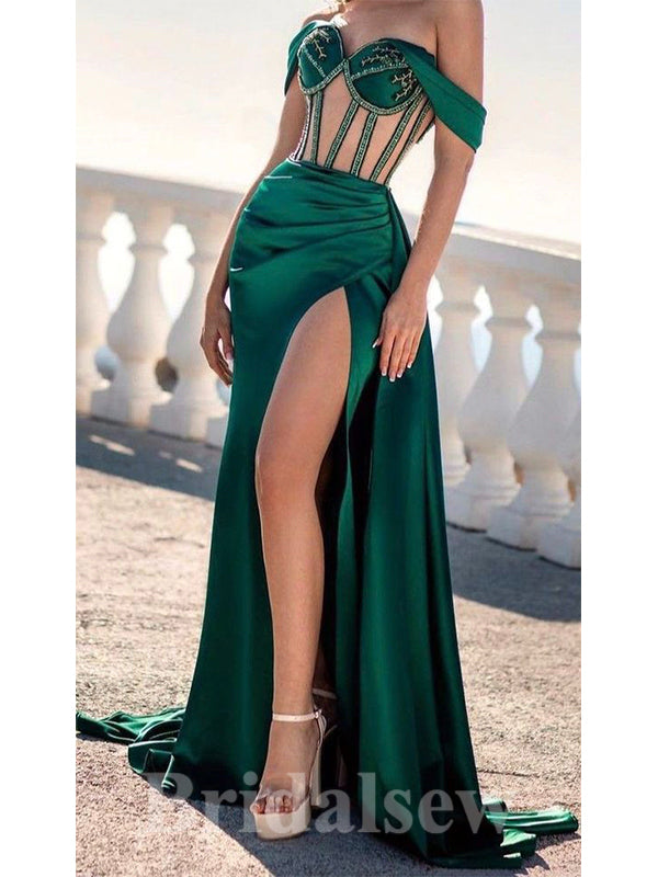 Green Satin Off the Shoulder Stylish Black Girls Long Mermaid Party Women Evening Prom Dresses PD920