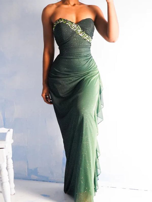 Green Unique Strapless Mermaid New Vintage Stylish Long Women Best Evening Prom Dresses PD1013