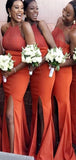 Popular Halter Orange Mermaid Long Bridesmaid Dresses BD009