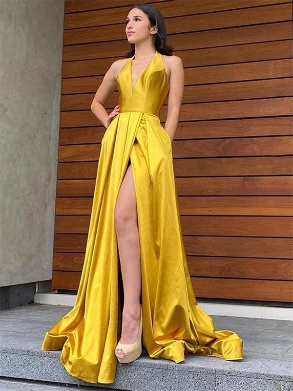 Halter V Neck Backless Yellow Long Prom Dresses with High Slit PD207