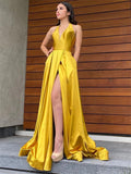 Halter V Neck Backless Yellow Long Prom Dresses with High Slit PD207