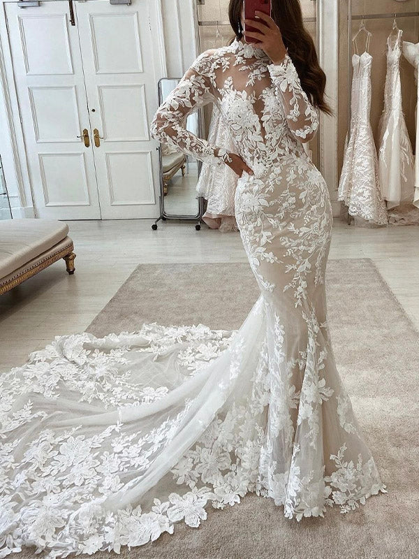 Lace High-Neck Wedding Dress with Long Sleeves