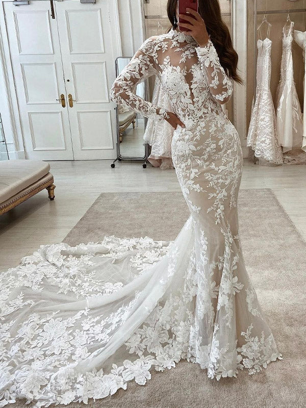 High collar long sleeve wedding shop dress