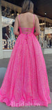 Hot Pink Sparkly Sequin A-line Straps Stylish Long Women Evening Prom Dresses PD746