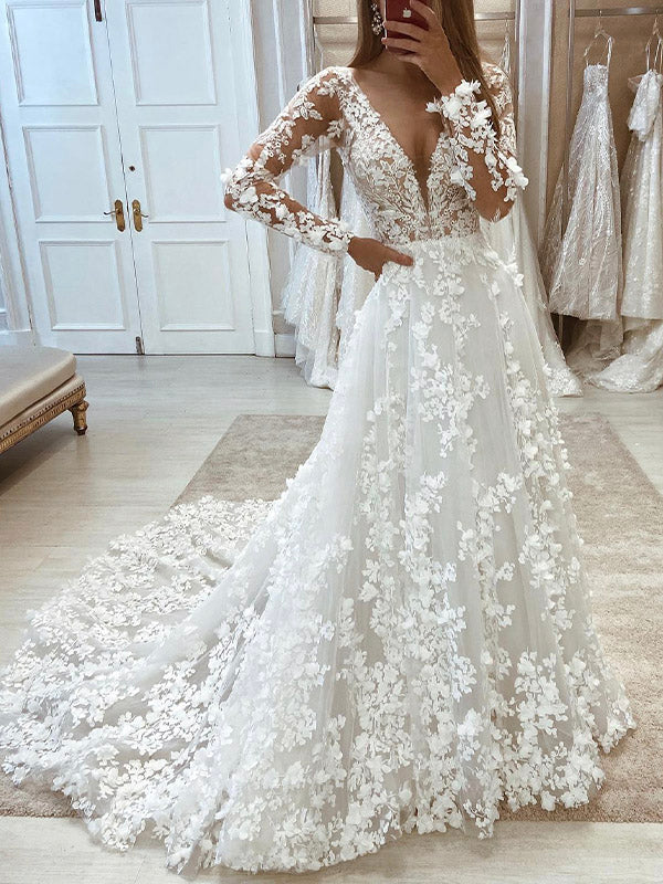 Lace Long Sleeves Mermaid V-Neck Vintage Gorgeous Beach Long Wedding D bridalsew Lace Long Sleeves Mermaid V-Neck Vintage Gorgeous Beach Long Wedding D bridalsew