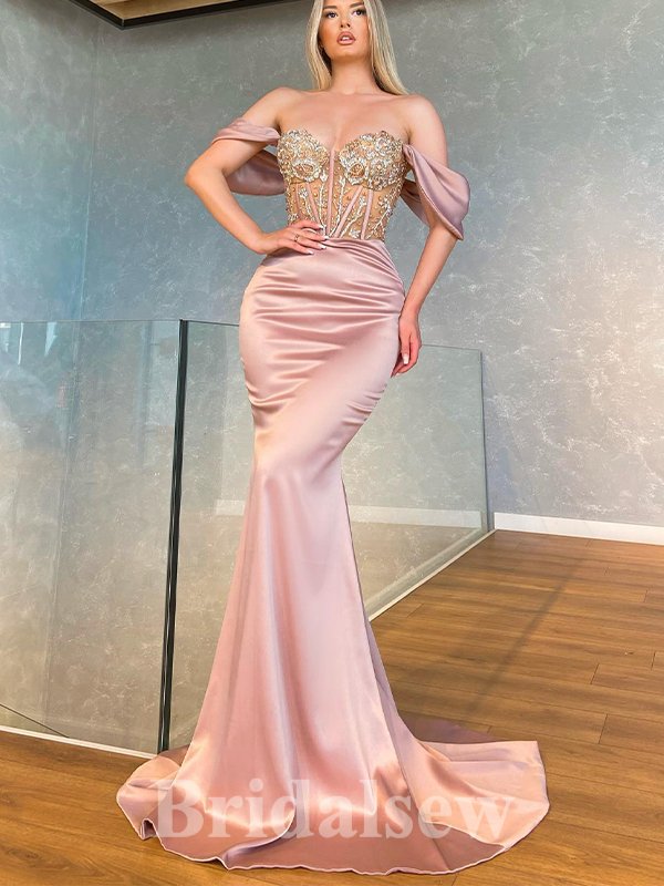 Long Elegant Mermaid Off Shoulder Dusty Pink Satin New Best Unique Stylish Prom Dresses PD1163