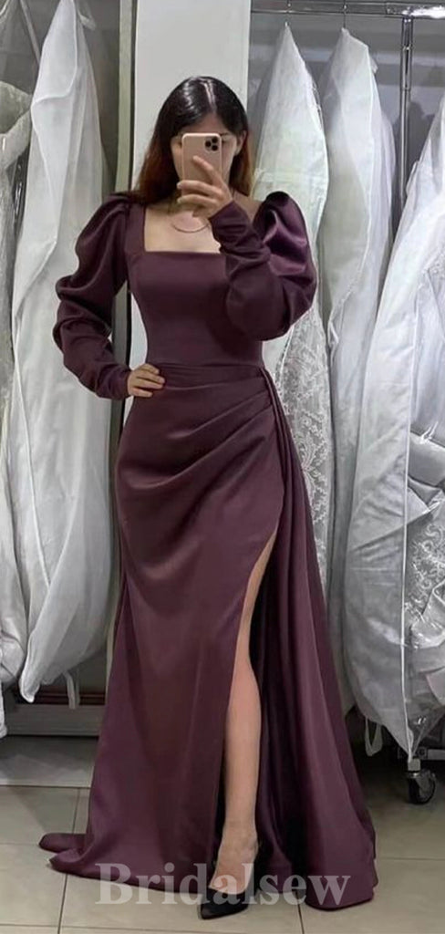 Long Mermaid Purple Long Sleeves Slit Elegant Party Women Evening Prom Dresses PD912