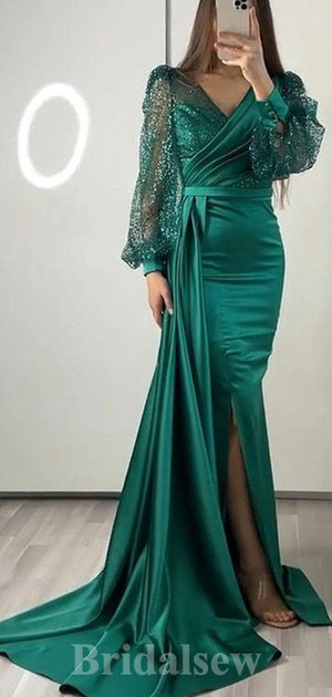 Long Sleeves Green Mermaid Custom Long Women Evening Party Prom Dresses PD713