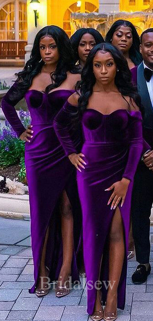 Long Sleeves Purple Velvet Mermaid Elegant Long Formal Bridesmaid Dresses BD169