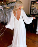 Long Sleeves Simple Classic V-Neck Satin Slit Beach Vintage Long Wedding Dresses WD323