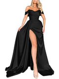 Mermaid Black Off Shoulder Satin Long Prom Dresses with Slit Evening Dress PD186