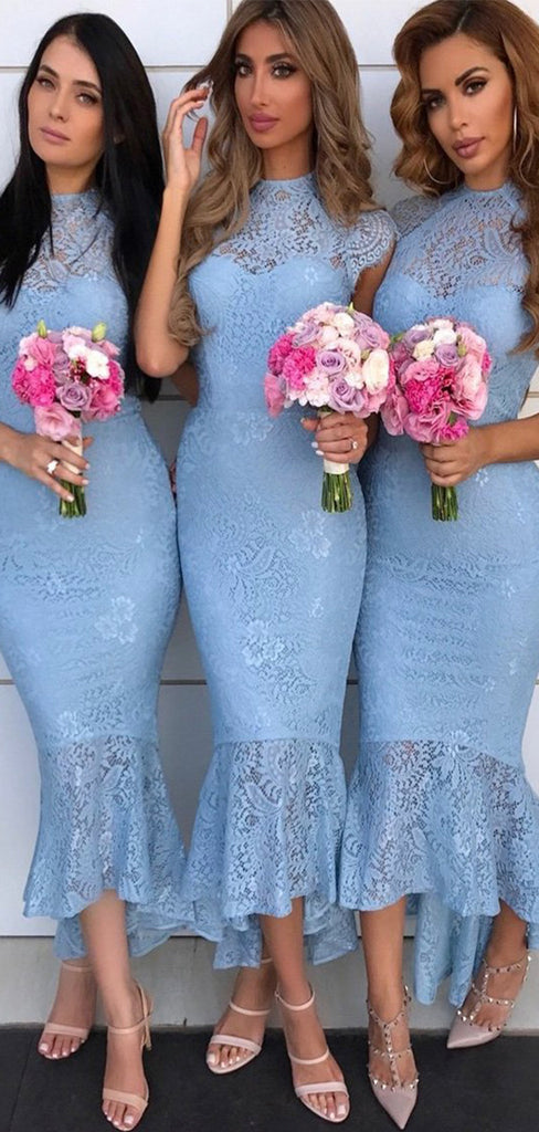 Mermaid Blue Lace Modest Bridesmaid Dresses, Wedding Guest Dress BD042