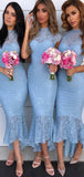 Mermaid Blue Lace Modest Bridesmaid Dresses, Wedding Guest Dress BD042