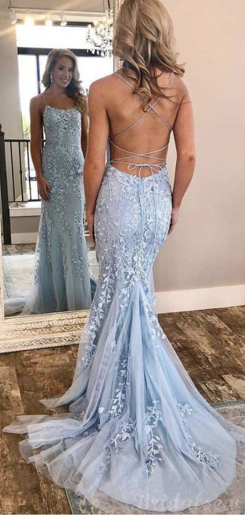 Custom Unique Mermaid Blue Lace Popular Elegant Long Prom Dresses PD125