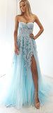 Mermaid Blue Lace Strapless Tulle Long Prom Dresses, Evening Dress with Split PD201